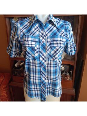 Small Womens Vintage Shirt 70's Blue Plaid Blouse Shirt Boho Hippie Distress